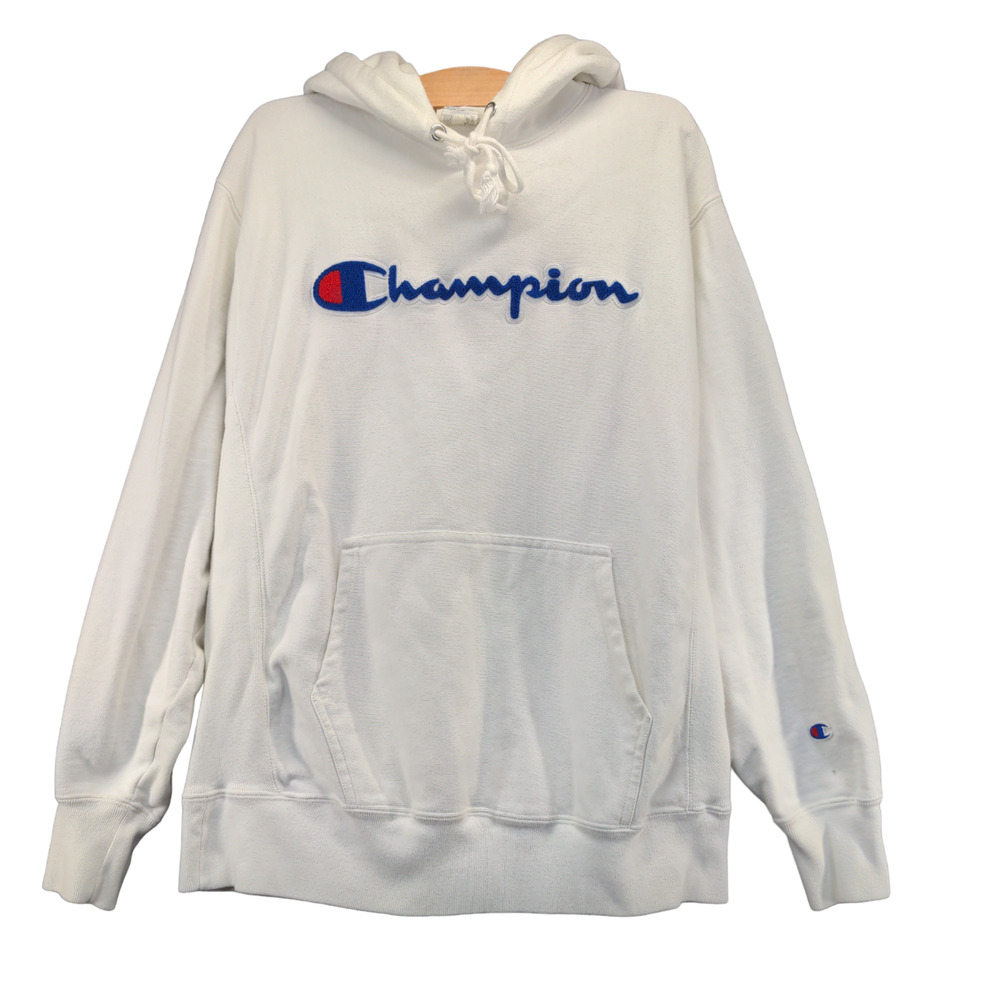 Champion Men's Reverse Weave Hoodie White Large Big Logo Embroidered Logo Pocket